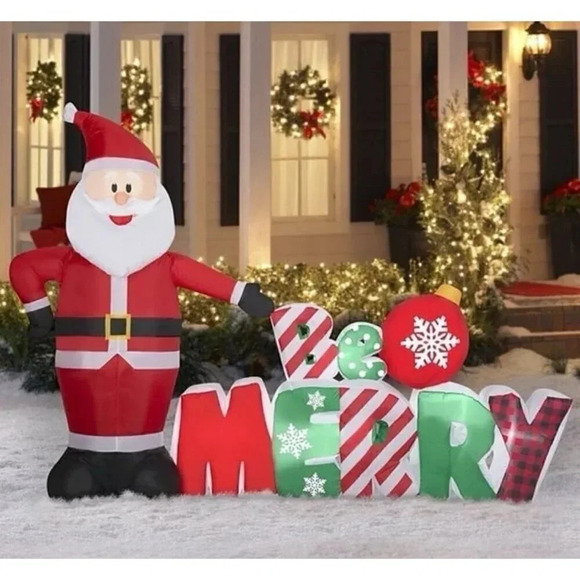 Holiday Time Santa Be Merry Sign Christmas Inflatable 8 Feet Yard Decor Lights - Picture 1 of 4